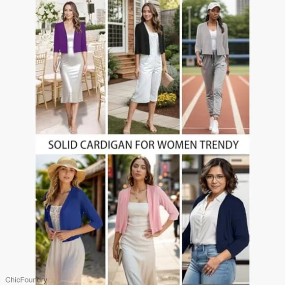 Lightweight 3/4 Sleeve Cropped Cardigan Shrug Open Front Thin Top - Picture 5 of 7